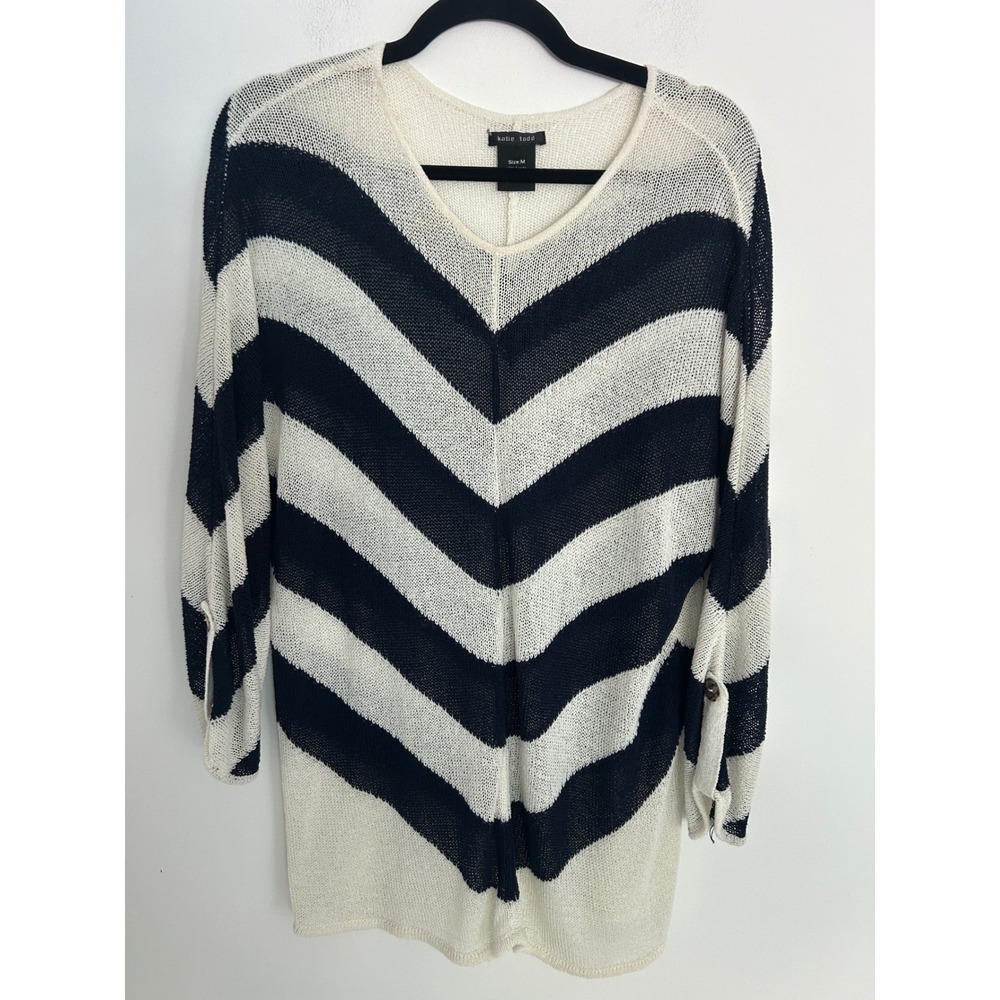 Katie Todd Women Navy White Chevron Stripe V-Neck Knit Sweater Button Tab Size M